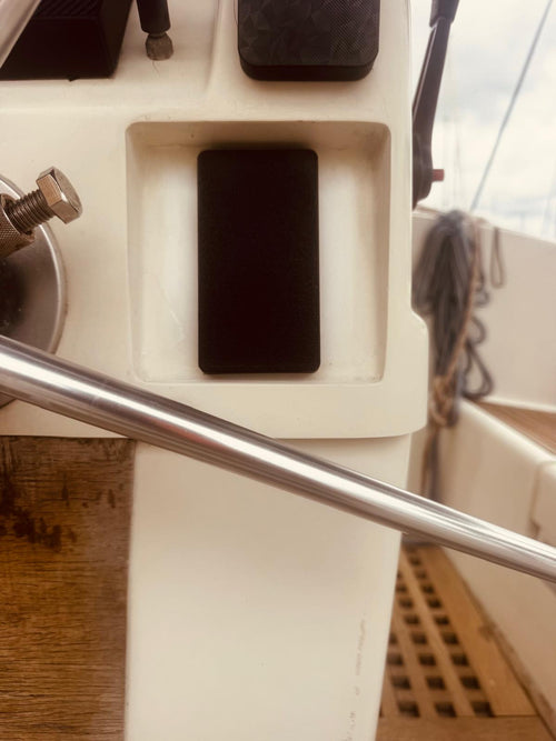 Autopilot controller sun cover fitted in boat console